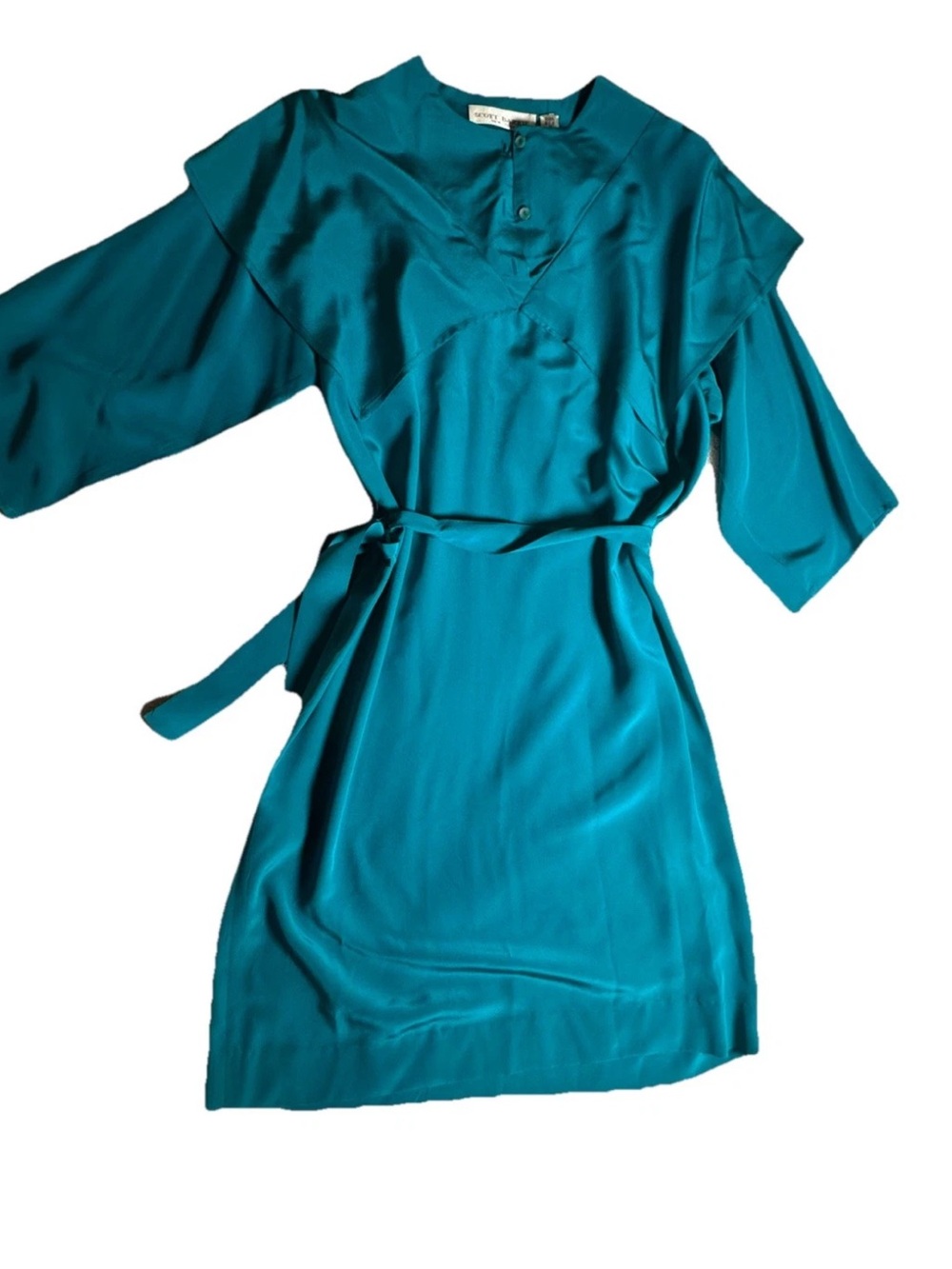 Vintage Scott Barrie Green Silk Midi Dress 80s Designer Minimalist Size 6 (flaw)